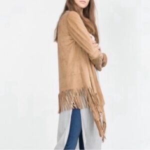 ZARA Camel Tan Faux Suede Fringe Jacket